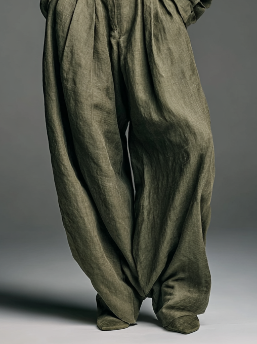 Set Due Pezzi Donna in Cotone e Lino con Camicia a Maniche Lunghe e Pantaloni a Gamba Larga