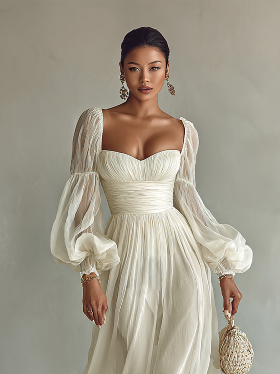 Abito Maxi in Chiffon da Donna con Scollatura Quadrata e Maniche Lunghe