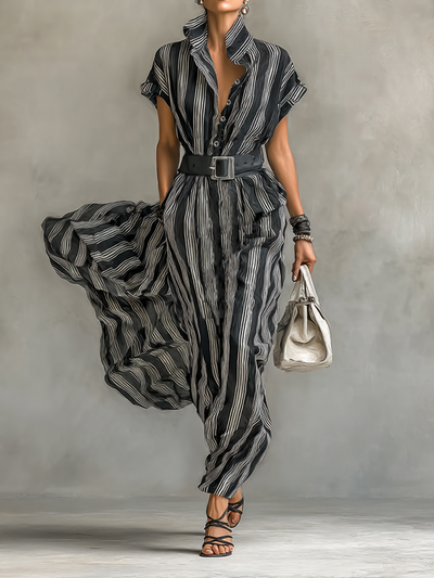 Abito Maxy Chiffon Stampato a Righe con Colletto e Maniche Corte per Donna con Cintura
