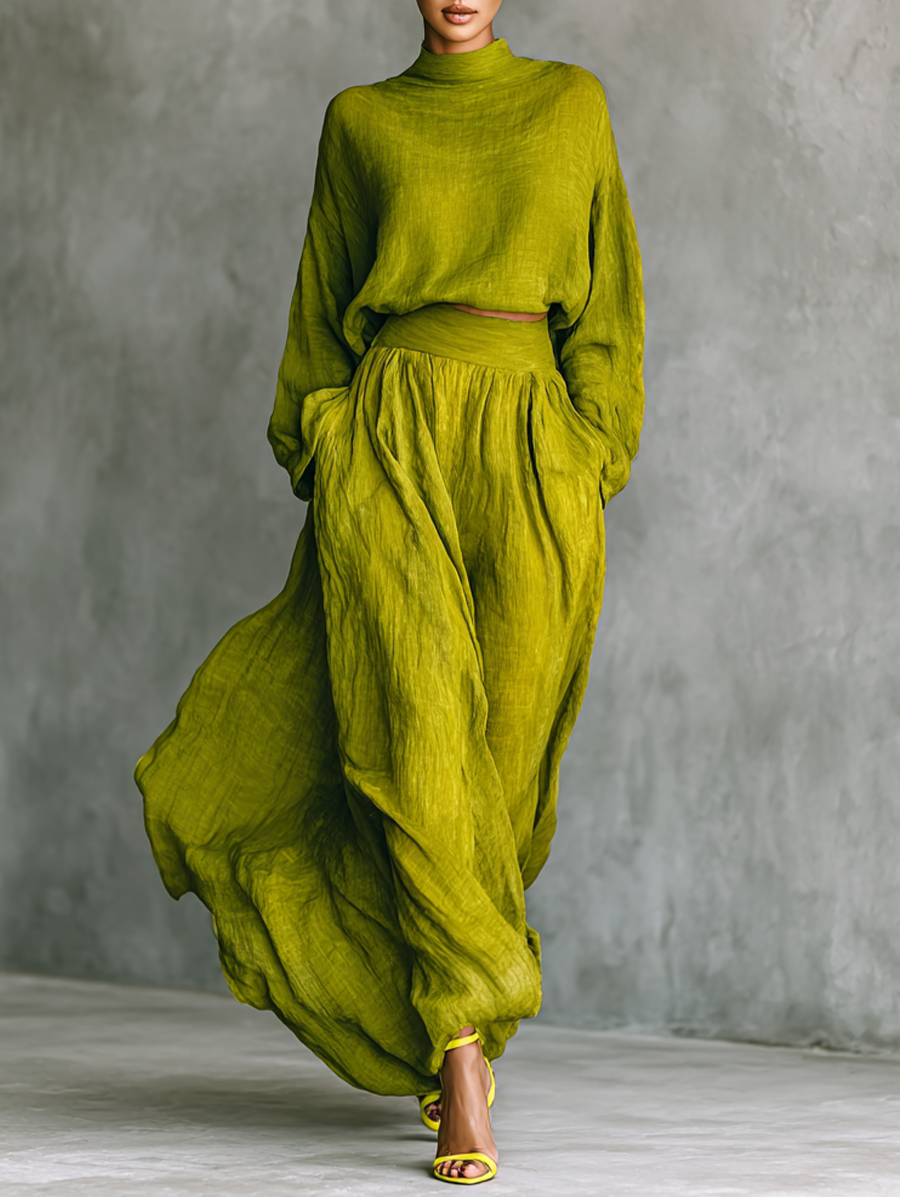 Completo da donna verde in misto cotone e lino