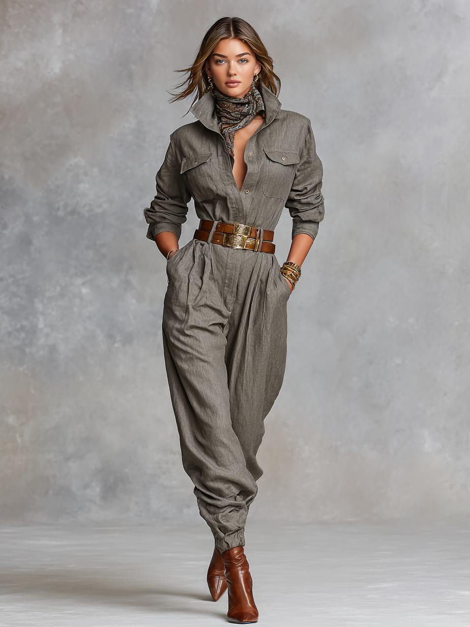 Tuta Camicia a Maniche Lunghe in Cotone e Lino