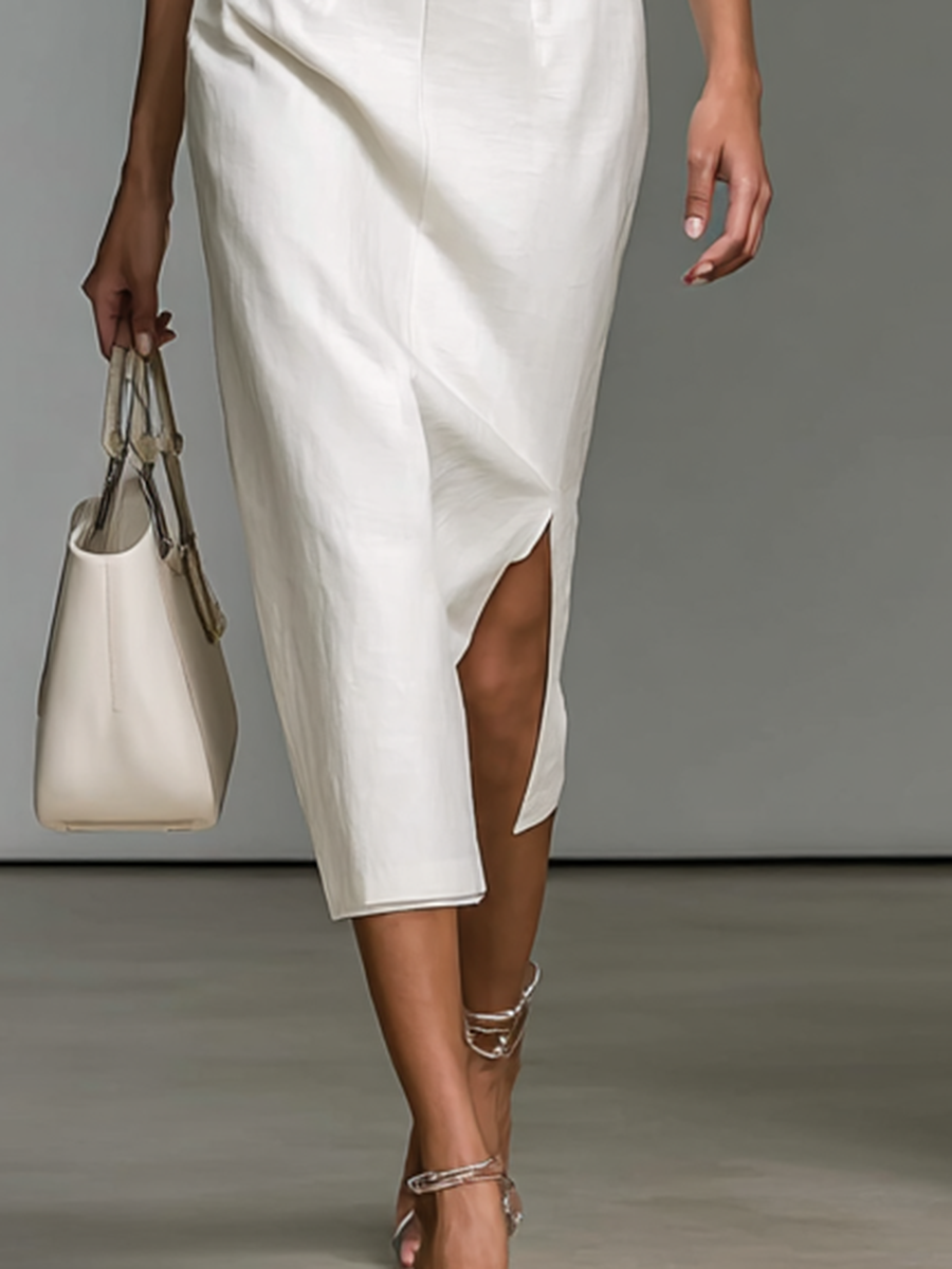 Abito Midi Donna Ricamato con Scollo a V e Maniche Corte