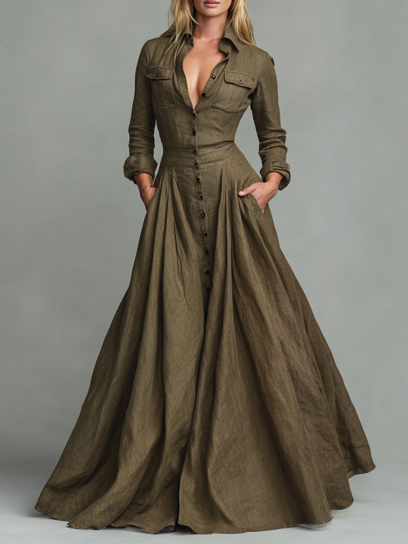 Abito Maxi Vintage in Cotone e Lino per Donna con Design a Camicia