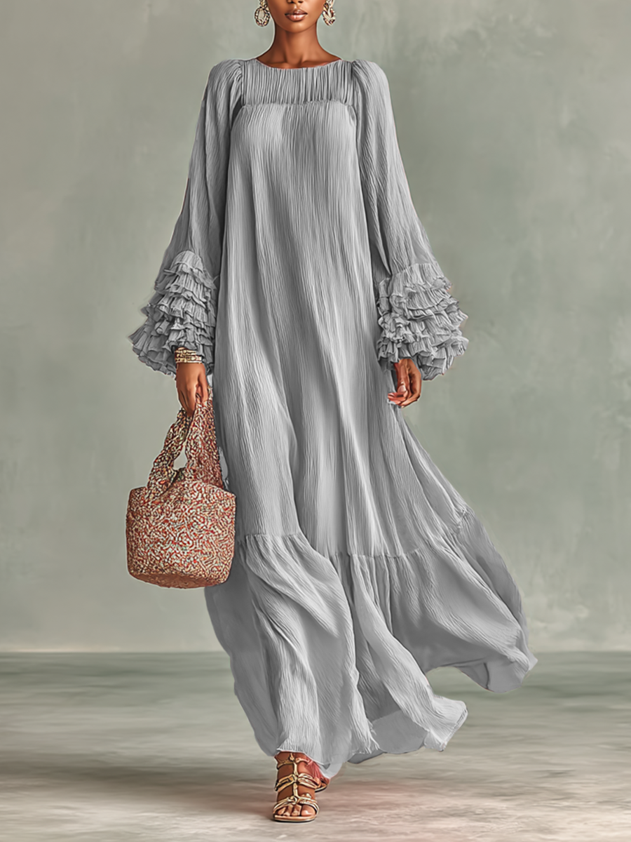Abito Maxi in Chiffon Pieghettato Donna con Maniche Lunghe e Rouches