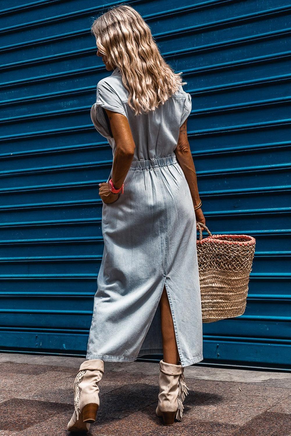 Sofia® | Elegante Vestito in Denim con Maniche a Pipistrello Corte