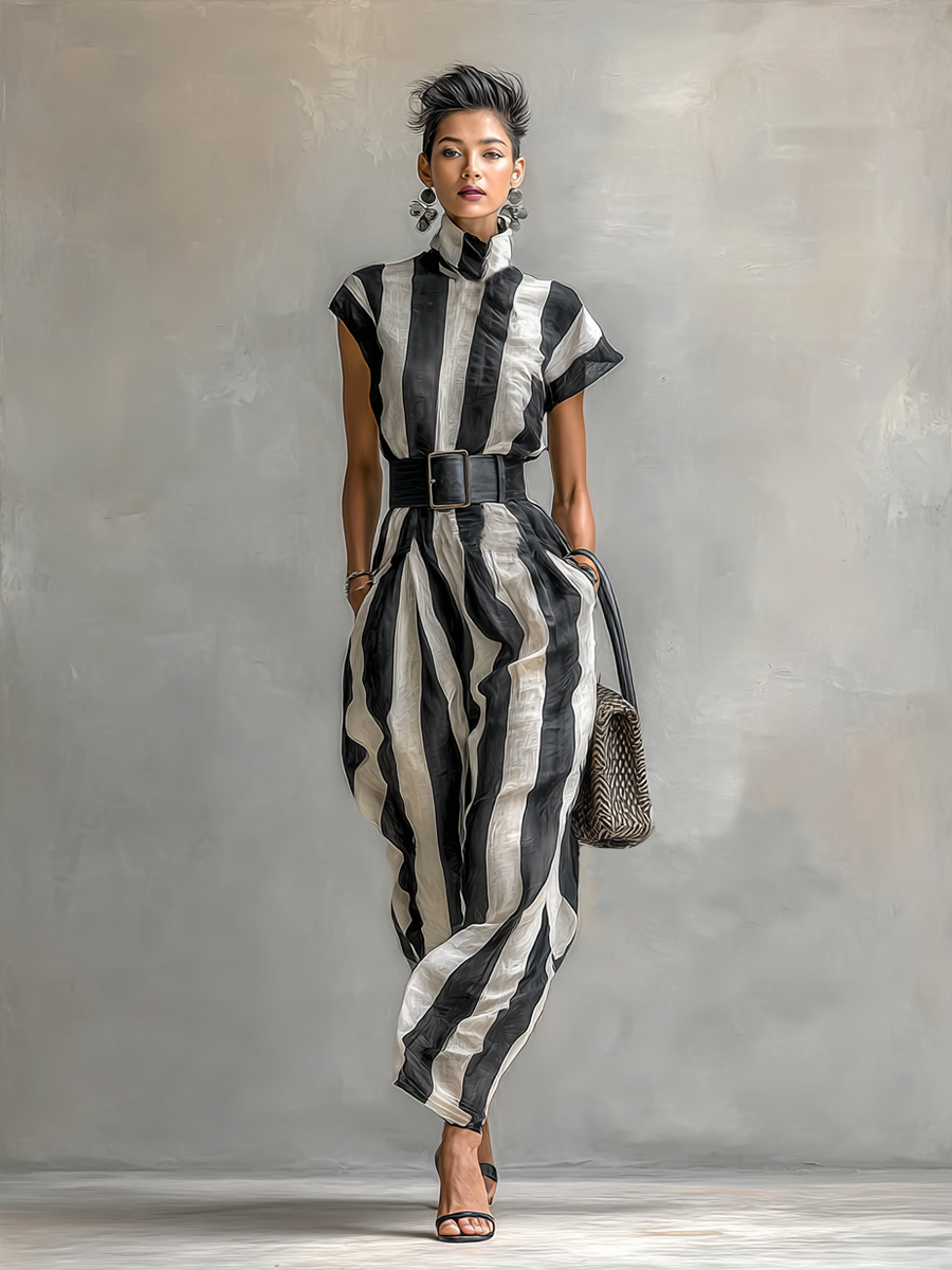 Abito Maxi in Chiffon con Collo Alto e Maniche Corte