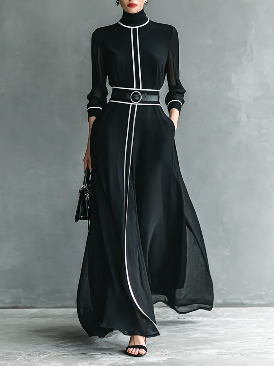 Abito Maxi in Chiffon con Collo Alto e Maniche Lunghe per Donna con Bordo Bianco