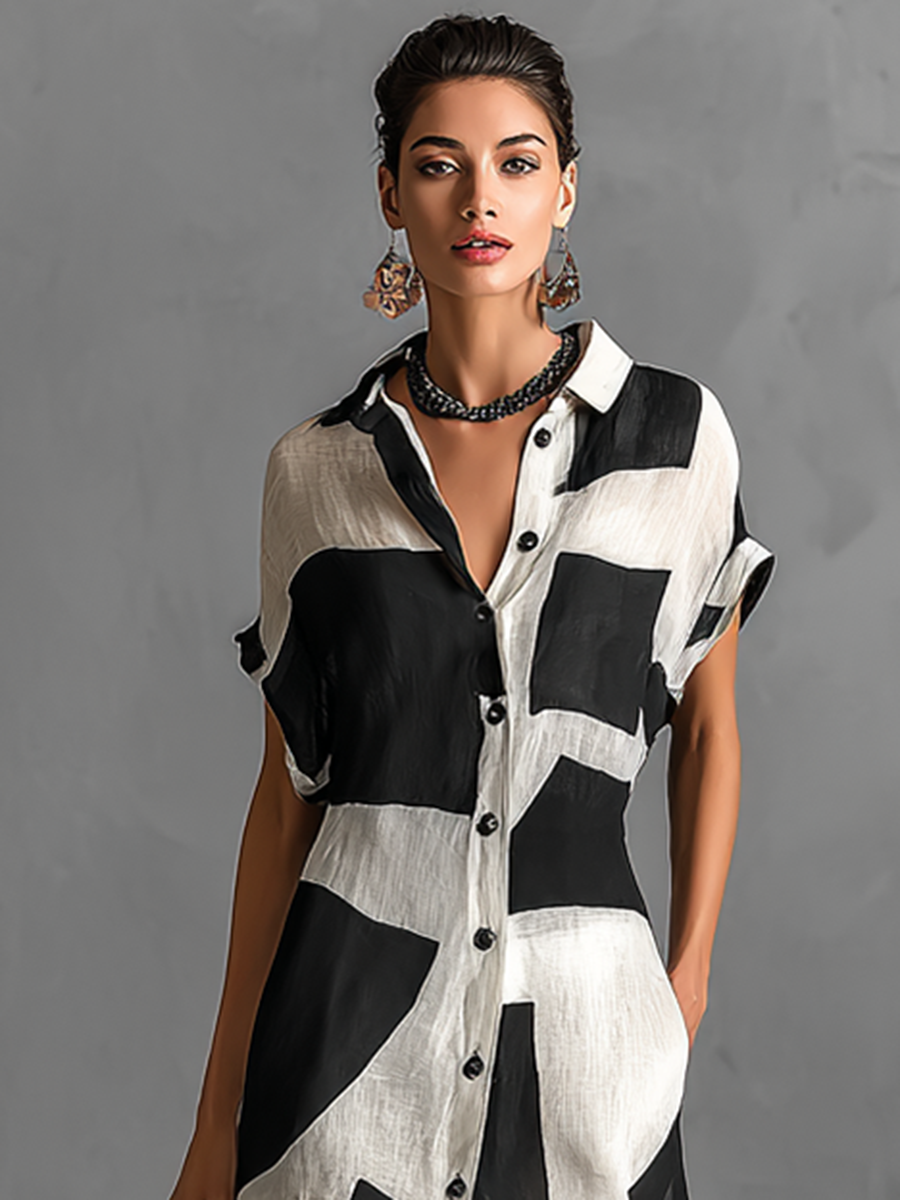 Abito Camicia Maxi in Chiffon Donna con Stampa Geometrica Irregolare e Collo a Revers, Maniche Corte, Bottone Singolo