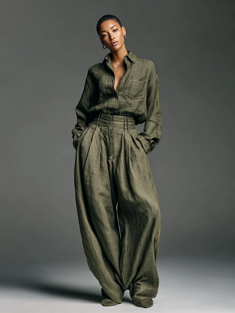 Set Due Pezzi Donna in Cotone e Lino con Camicia a Maniche Lunghe e Pantaloni a Gamba Larga