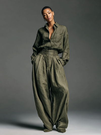 Set Due Pezzi Donna in Cotone e Lino con Camicia a Maniche Lunghe e Pantaloni a Gamba Larga