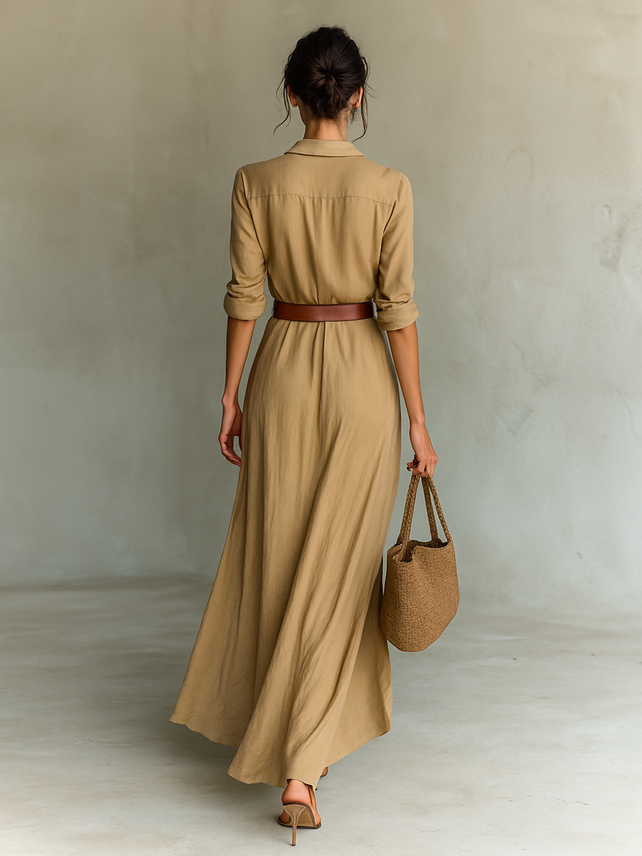 Abito Maxi Lungo con Collo a Revers e Cintura Inclusa