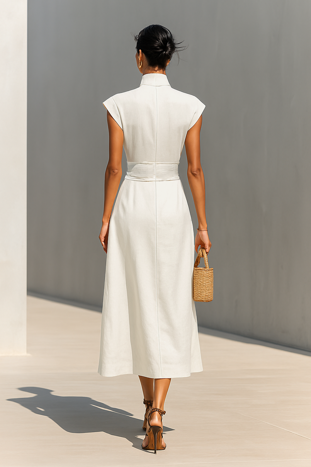 Abito Maxi in Cotone Puro con Collo a Revers e Maniche a Cappuccio