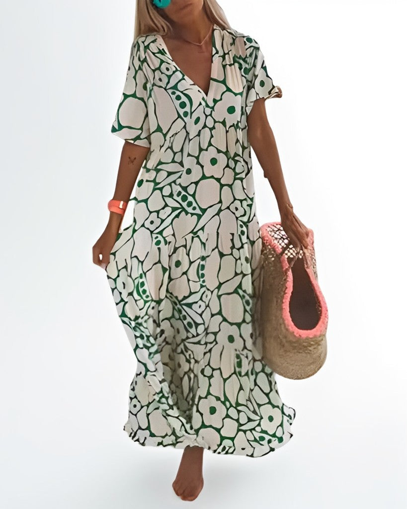 Flora - Relaxed Floral Deep V-Neck Long Dress