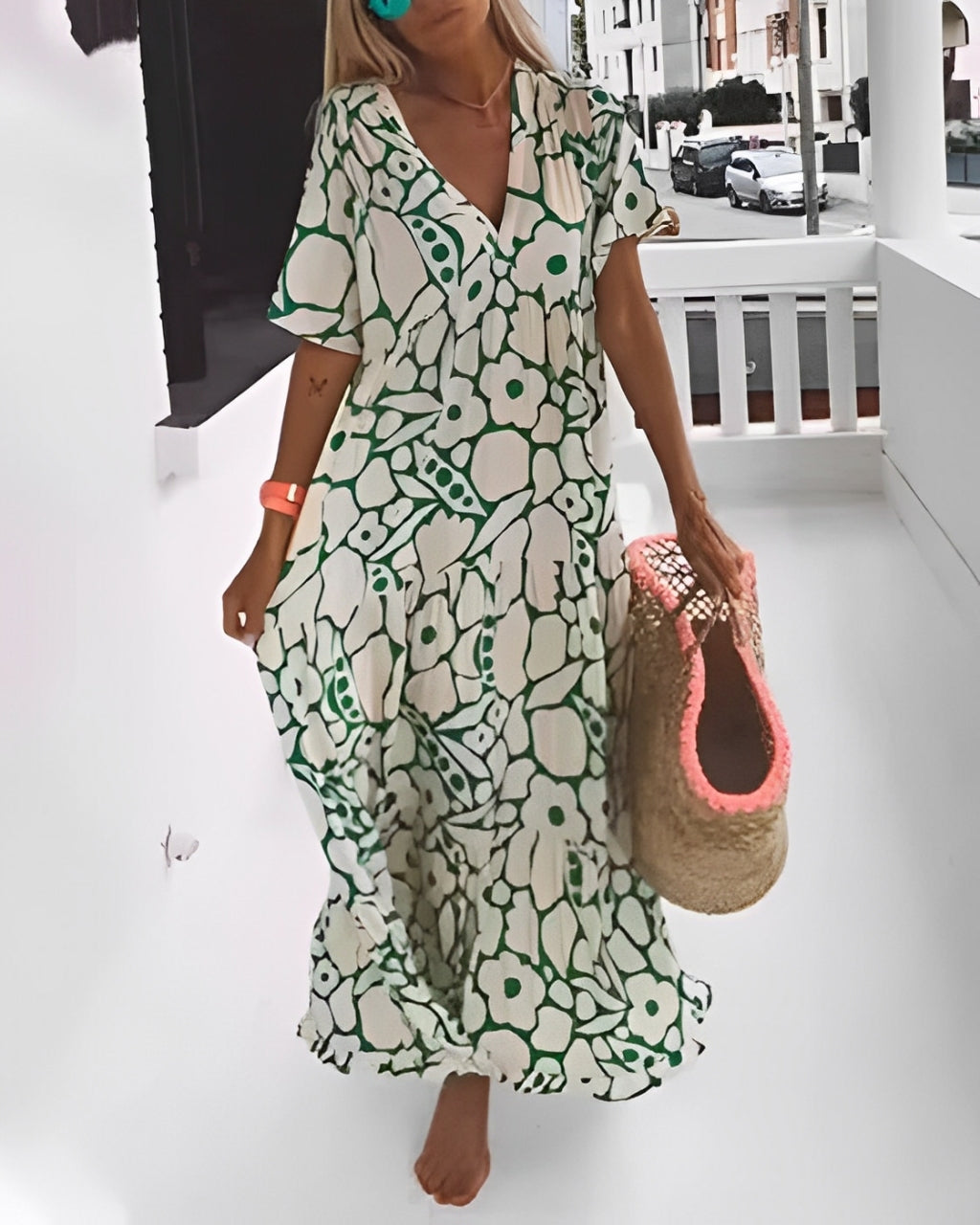 Flora - Relaxed Floral Deep V-Neck Long Dress
