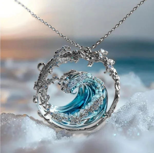 Layla - Collana con pendente a onda oceanica blu cielo