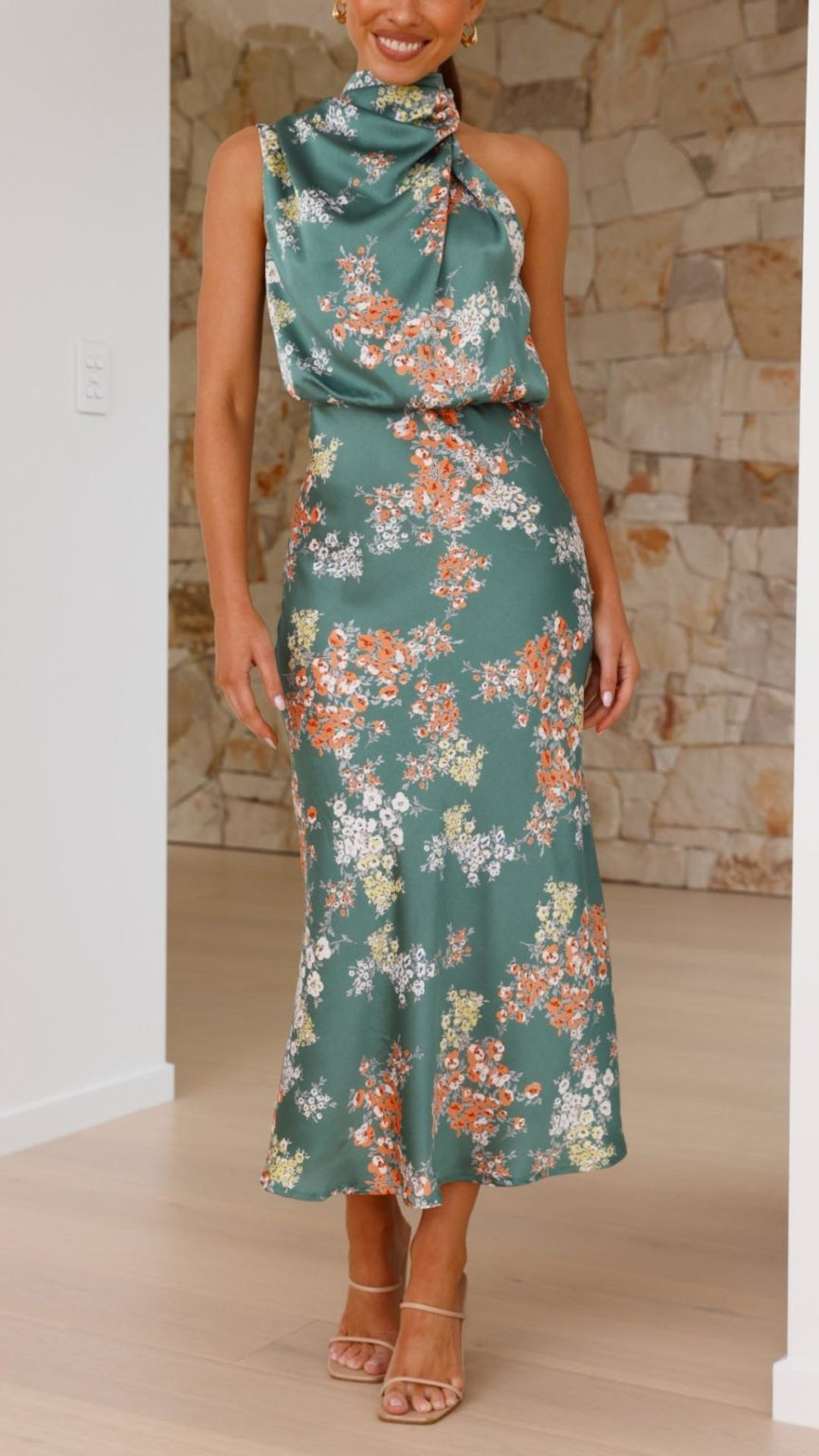 Réka® | Abito Maxi Floreale Elegante con Collo Alto