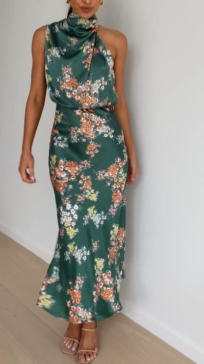 Réka® | Abito Maxi Floreale Elegante con Collo Alto