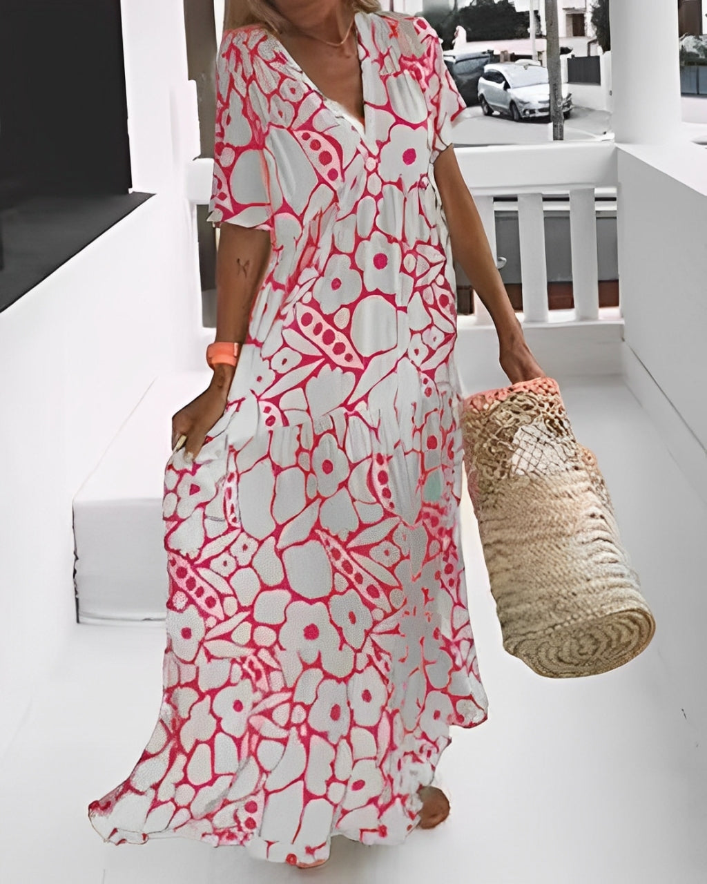 Flora - Relaxed Floral Deep V-Neck Long Dress
