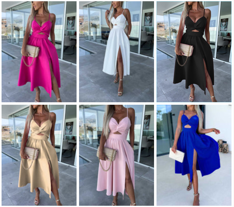 Vanette - Elegante Abito Midi con Spalline e Fessura Anteriore